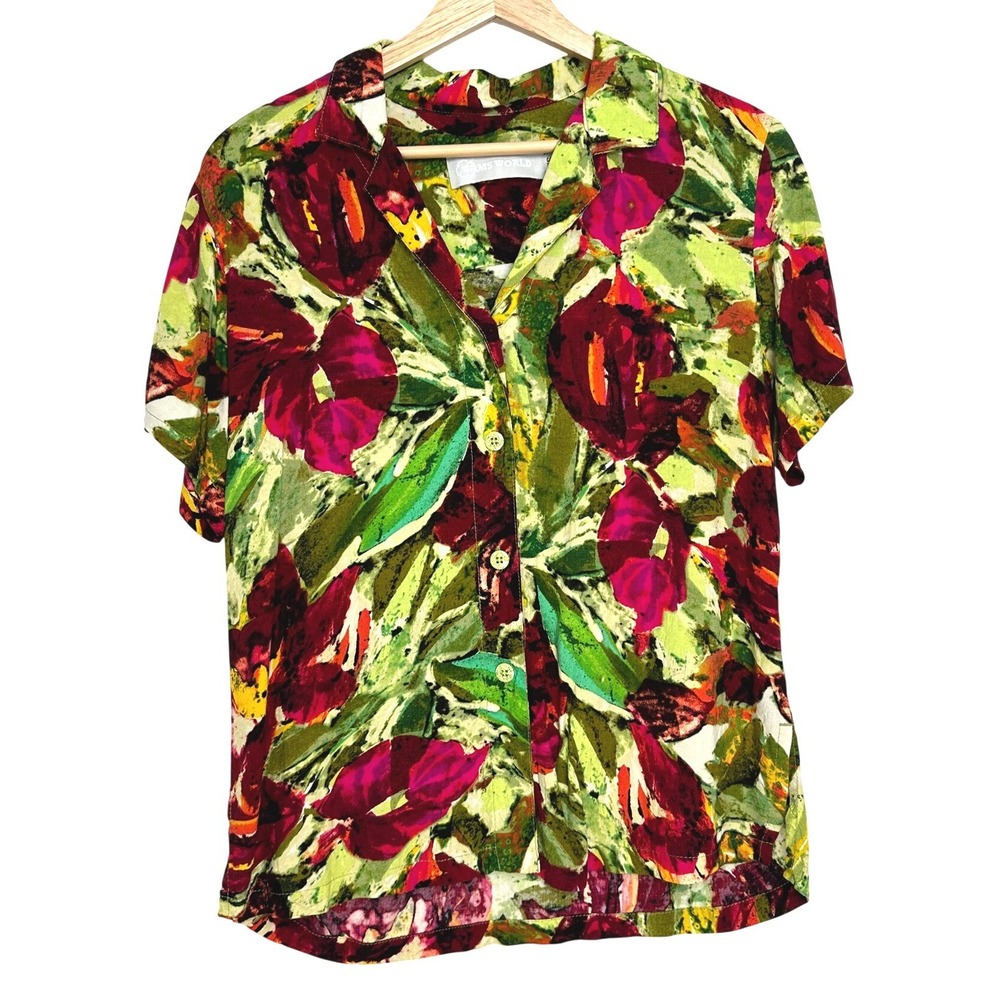 Vintage Jams World Anthurium Floral Rayon Button Down Shirt XS Tropical Hawaiian